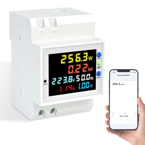Smart Stromzähler Hutschiene, WIFI 40-300V 100A Digitaler Energiezähler passend für Hutschiene 6in1 Digitaler Stromzähler, WLAN Sicherungsautomat mit Stromverbrauchsmessung und Überspannungsschutz von Piashow