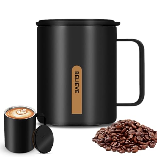 Thermobecher Mit Henkel, Kaffeebecher to Go Thermo, Edelstahl Thermobecher Mit Griff Und Schiebedeckel Kaffeebecher 400 Ml, Thermos Kaffeebecher Thermo Tasse Thermosbecher (Schwarz) von Piashow