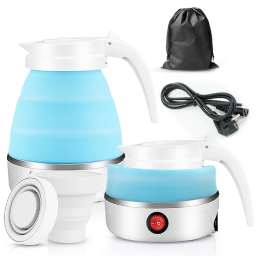 Faltbarer Wasserkocher, Piashow 600ml Camping Wasserkocher Mini Reisewasserkocher Faltbar Silikon Wasserkessel mit 2 Faltbecher, Reise Wasserkocher Faltbar Elektrisch Klein für Camping, Reise, Outdoor von Piashow