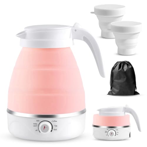 Reise Wasserkocher mit Temperatureinstellung, 600ml Reisewasserkocher Mini Wasserkocher Rosa, Faltbarer Wasserkocher aus Silikon, Camping Wasserkocher mit 2 Faltbecher, für Camping, Reise, Outdoor von Piashow