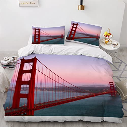 Bettwäsche 155x220 cm Golden Gate Bridge 3D Druck Weiche Mikrofaser Bettbezug mit Reißverschluss Aussicht Bettwäsche-Sets Kinder Jungen Mädchen Bettbezüge mit 2 Kissenbezüge 80x80 cm von Piatek