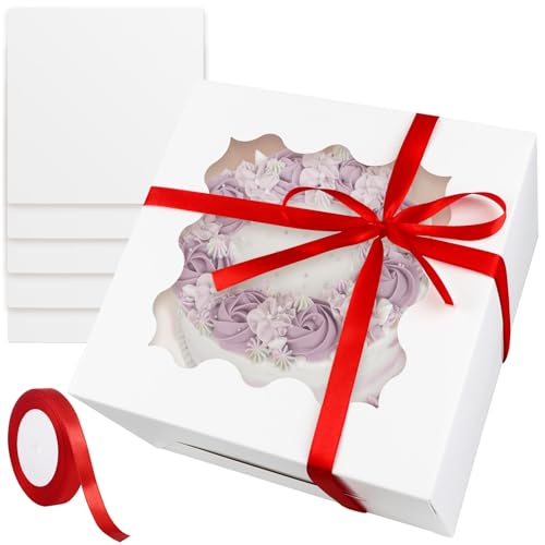 Piaxle 5 Sets Tortenbox Tortenkarton Hoch 20.5x20.5x12.5cm Kuchenbox Weißer mit Cake Board und Geschenkband Tortenschachtel Cake Box für Torten Desserts (8x8x5inch) von Piaxle