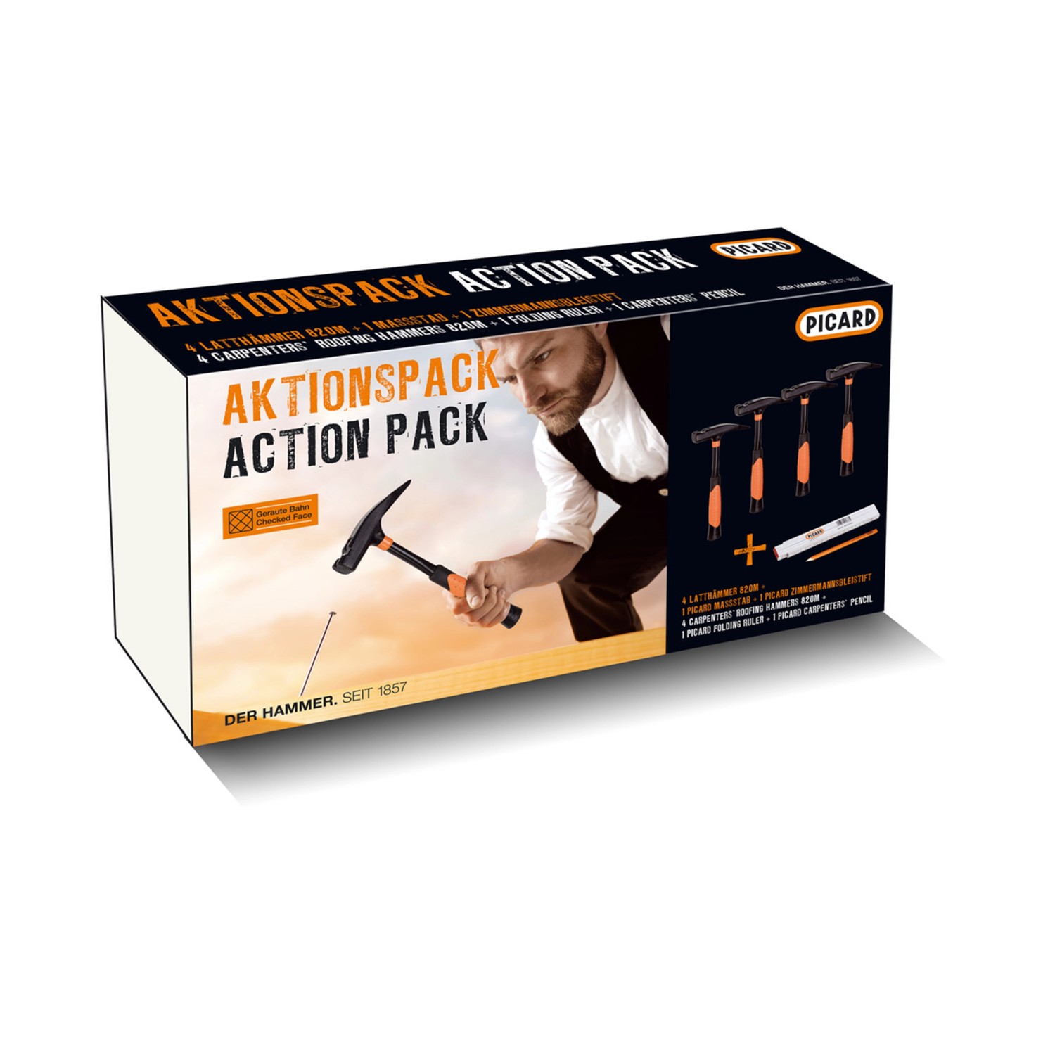 Picard Aktionspack 4 x Latthammer 820M Glatt + 1x Zollstock und 1 x Zimmermannsbleistift von Picard