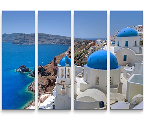 4 teiliges Canvas Bild 4x30x90cm Fotografie – Santorini Kirchenglocke und Kuppeldächer von Picarto