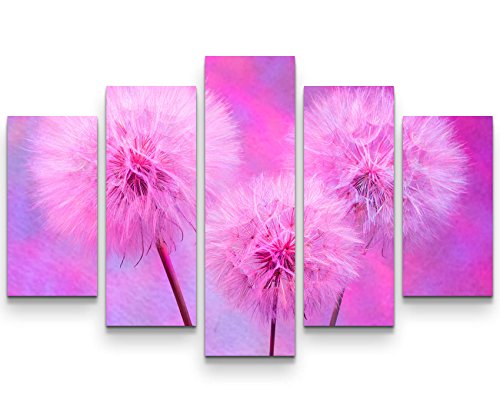 5 teiliges Wandbild auf Leinwand (Gesamtmaß: 150x100cm) Abstrakte Pusteblumen in Pink von Picarto