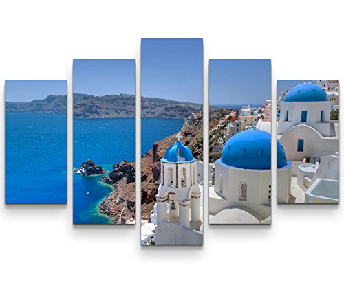 5 teiliges Wandbild auf Leinwand (Gesamtmaß: 150x100cm) Fotografie – Santorini Kirchenglocke und Kuppeldächer von Picarto