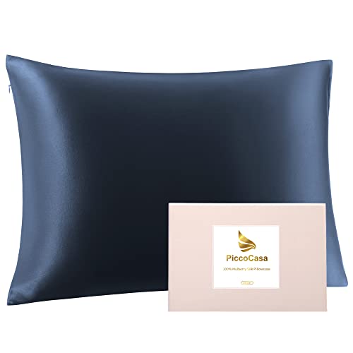 PiccoCasa 22 Momme 100% Seide Kissenbezug Haar- und Hautpflege Kissenhülle Maulbeerseide Kopfkissenbezug mit Reißverschluss & Geschenkbox, Marineblau 40x60cm von PiccoCasa