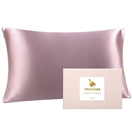 PiccoCasa 22 Momme 100% Seide Kissenbezug Haar- und Hautpflege Kissenhülle Maulbeerseide Kopfkissenbezug mit Reißverschluss & Geschenkbox, Mauve 40x80cm von PiccoCasa