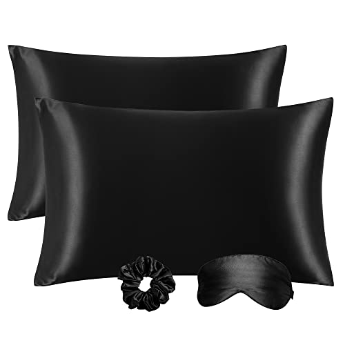 PiccoCasa 2er Set Satin Kissenbezug 51x66 cm Schwarz - Satin Kopfkissenbezug für Haare und Haut, Weich Pillowcases Kissenhülle mit Haargummi und Augenmaske von PiccoCasa