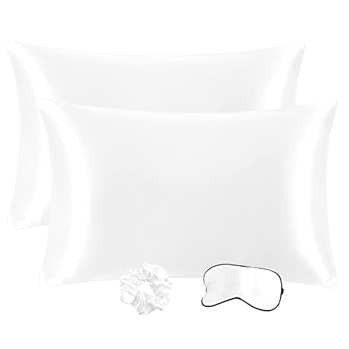 PiccoCasa 2er Set Satin Kissenbezug 51x91 cm Weiß - Satin Kopfkissenbezug für Haare und Haut, Weich Pillowcases Kissenhülle mit Haargummi und Augenmaske von PiccoCasa