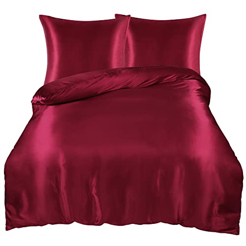 PiccoCasa Bettwäsche Satin bettwaesche 155x220cm 3tlg Bettbezug mit Reißverschluss 2 x Kissenbezug kuschelig weich Bettwäsche-Sets Rot 155x220cm+80x80cm von PiccoCasa