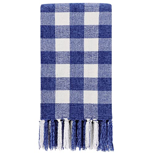 PiccoCasa Karierte Decke Überwurf Mit Fransen Chenille Kuscheldecke Wohndecke Weiche Komfortable Decke für Couch, Sofa, Bett, Stuhl, Blau und Weiß 150x200cm von PiccoCasa