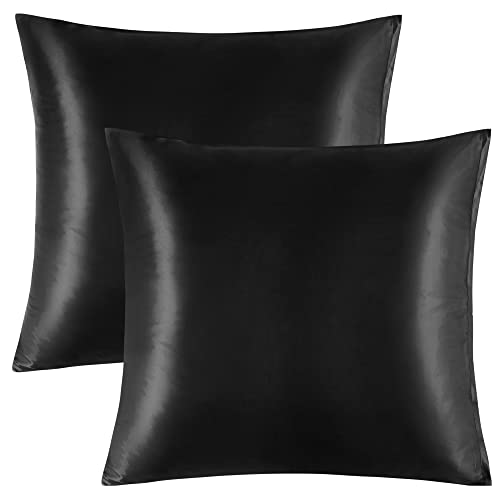 PiccoCasa Kissenbezug Satin Kopfkissenbezug 80x80cm 2er Set mit Reißverschluss für Haar und Haut Schwarz 80x80cm von PiccoCasa