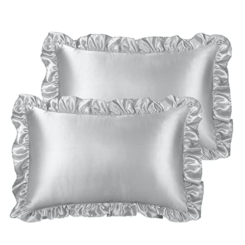 PiccoCasa Kissenbezug Satin Pillowcase 2er Set Kopfkissenbezüge mit rüschen kuschelig Hotelverschluss als Dekokissenbezug für Wohnzimmer Schlafzimmer Sofa Deko Grau 40x60cm von PiccoCasa