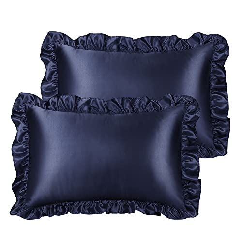 PiccoCasa Kissenbezug Satin Pillowcase 2er Set Kopfkissenbezüge mit rüschen kuschelig Hotelverschluss als Dekokissenbezug für Wohnzimmer Schlafzimmer Sofa Deko Marineblau 40x60cm von PiccoCasa