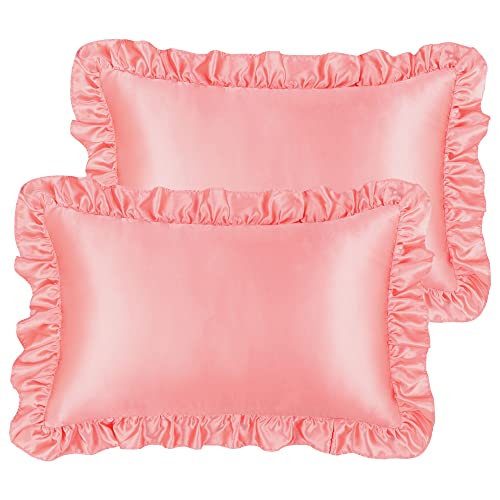 PiccoCasa Kissenbezug Satin Pillowcase 2er Set Kopfkissenbezüge mit rüschen kuschelig Hotelverschluss als Dekokissenbezug für Wohnzimmer Schlafzimmer Sofa Deko Rosa 51x66cm von PiccoCasa