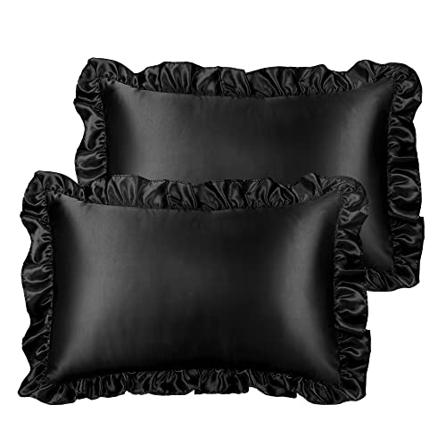 PiccoCasa Kissenbezug Satin Pillowcase 2er Set Kopfkissenbezüge mit rüschen kuschelig Hotelverschluss als Dekokissenbezug für Wohnzimmer Schlafzimmer Sofa Deko Schwarz 40x60cm von PiccoCasa