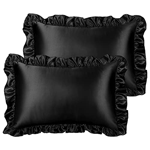 PiccoCasa Kissenbezug Satin Pillowcase 2er Set Kopfkissenbezüge mit rüschen kuschelig Hotelverschluss als Dekokissenbezug für Wohnzimmer Schlafzimmer Sofa Deko Schwarz 51x91cm von PiccoCasa