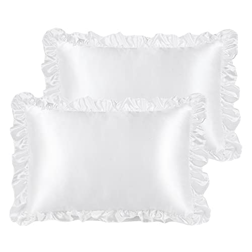 PiccoCasa Kissenbezug Satin Pillowcase 2er Set Kopfkissenbezüge mit rüschen kuschelig Hotelverschluss als Dekokissenbezug für Wohnzimmer Schlafzimmer Sofa Deko Weiß 40x60cm von PiccoCasa