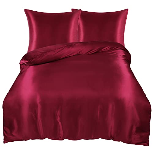 PiccoCasa Satin Bettwäsche 135x200cm Rot 3tlg Uni Glatt Luxus Seide Bettbezug mit Reißverschluss und Kissenbezug 80x80cm kuschelig weich Bettwäsche-Sets von PiccoCasa