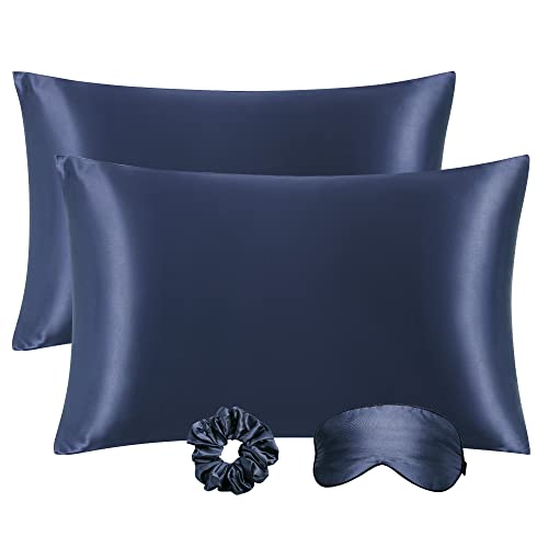 PiccoCasa 2er Set Satin Kissenbezug 51x66 cm Marineblau - Satin Kopfkissenbezug für Haare und Haut, Weich Pillowcases Kissenhülle mit Haargummi und Augenmaske von PiccoCasa