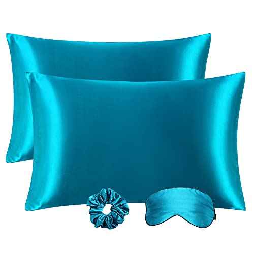PiccoCasa 2er Set Satin Kissenbezug 51x76 cm Pfauenblau - Satin Kopfkissenbezug für Haare und Haut, Weich Pillowcases Kissenhülle mit Haargummi und Augenmaske von PiccoCasa
