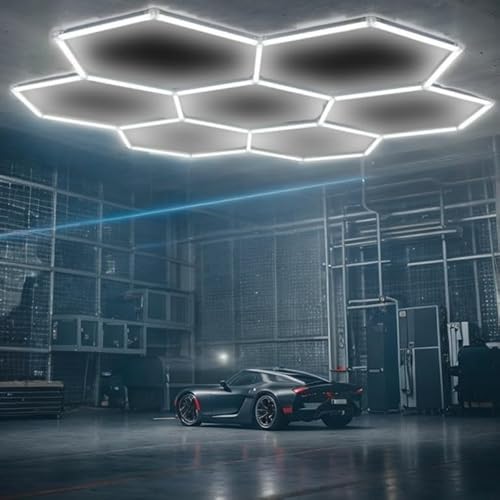 PickMeYA Hexagon LED Garage Deckenleuchte 150W Energiesparend 6500K 7 Gitter Sechseckleuchten Set für Auto Detailing Geschäft Fitnessstudio Werkstatt Büro 21600 Lumen 110-240V (7 Gitter) von PickMeYA