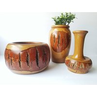 Vintage Hand Gedrechselter Roher Rand Holz Schüssel & Vasen Set - Boho Primitive Erdige Dekor von PickinAintEasy