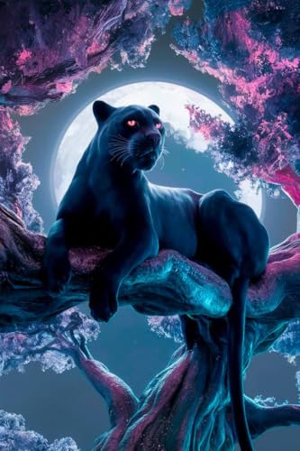 Picmondoo Diamond Painting – Black Panther Kirschblütentraum – 50x75CM – für Erwachsene & Kinder – Glitzerbild mit Irisierender Beschichtung, Feenstaubfarben, Leuchtfarben & Metallicfarben von Picmondoo