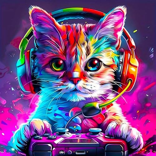 Picmondoo Diamond Painting – Große - 50x50 cm, Mit quadratischen Harzsteinen, AB-Steinen, Strassfarben & Metallicfarben – DIY-Kunstwerk für Erwachsene & Kinder (Gaming Katze) von Picmondoo