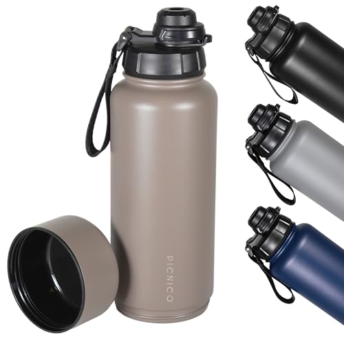 Picnico® Edelstahl Trinkflasche | auslaufsicher & BPA frei | Outdoor Sport und Fitness | abdrehbarer Stauraum | 32oz + 8oz (950ml + 240ml) | Thermosflasche 950ml | Thermobecher | 24h kalt & 12h warm von Picnico