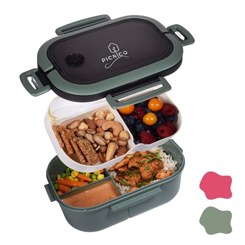 Picnico Lunchbox für Kinder und Erwachsene - Brotdose mit Fächern - Lunchbox mit Trennwand - Bentobox inklusive Löffel und Gabel - Jausenbox grün von Picnico