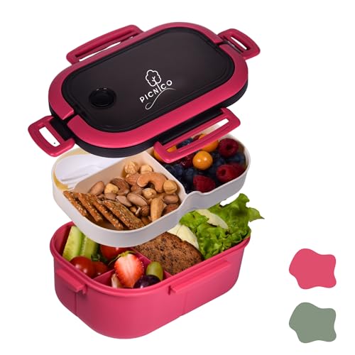 Picnico Lunchbox für Kinder und Erwachsene - Brotdose mit Fächern - Lunchbox mit Trennwand - Bentobox inklusive Löffel und Gabel - Jausenbox pink von Picnico