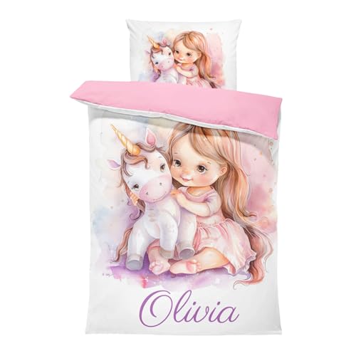 Pictogogo Einhorn-Design Kleinkindbettwäsche für Mädchen mit Namen, Personalisiert, Wählbare Baumwollunterfarbe (Weiß, Rosa, Blau, Grau), Oeko-TEX, 100 x 135 cm von Pictogogo