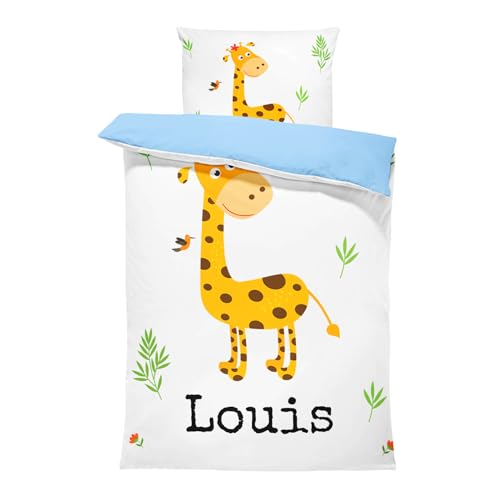 Pictogogo Personalisierte Baby Bettwäsche mit süßen Giraffe, Wählbare Unterfarbe aus Baumwolle, Kinderbettwäsche Mit Namen, Babybett Komplett Set Mit Reißverschluss (Giraffen 2, 100 x 135 cm) von Pictogogo