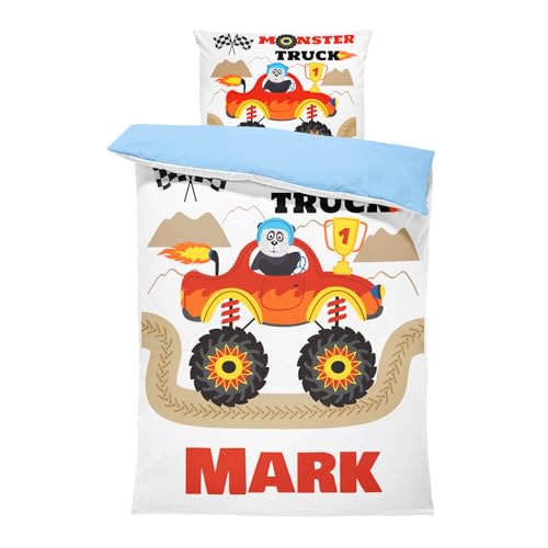 Pictogogo Personalisierte Baby Bettwäsche mit Monstertruck - 100x135cm, Wählbare Unterfarbe aus Baumwolle, Kinderbettwäsche Mit Namen, Babybett Komplett Set Mit Reißverschluss von Pictogogo