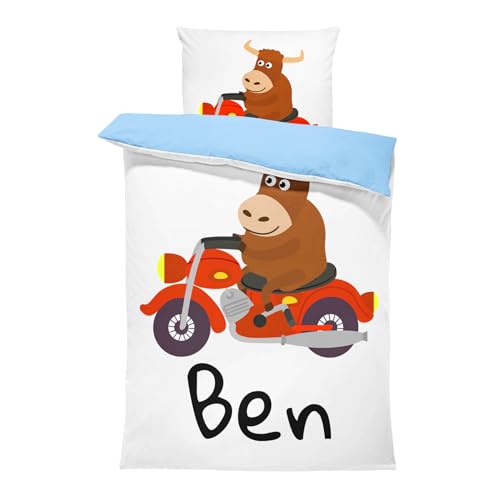 Pictogogo Personalisierte Baby Bettwäsche mit Motorrad, Wählbare Unterfarbe aus Baumwolle, Kinderbettwäsche Mit Namen, Babybett Komplett Set Mit Reißverschluss (Motorrad, 100 x 135 cm) von Pictogogo