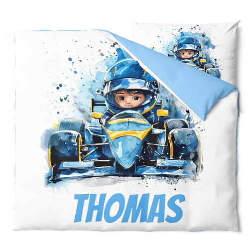 Pictogogo Personalisierte Baby Bettwäsche, Kinderbettwäsche, Bettwäsche Mit Namen, Babybett Komplett Set Mit Reißverschluss, Oeko-TEX Standard 100 (Rennauto, 80 x 80 cm) von Pictogogo