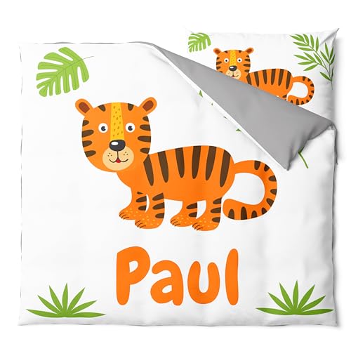 Pictogogo Personalisierte Baby Bettwäsche mit Tiger, 80 x 80 cm, Wählbare Unterfarbe aus Baumwolle, Kinderbettwäsche Mit Namen, Babybett Komplett Set Mit Reißverschluss von Pictogogo