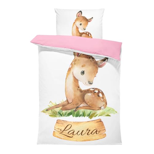 Pictogogo Personalisierte Baby Bettwäsche mit Hirsch 80x80cm, Wählbare Unterfarbe aus Baumwolle, Kinderbettwäsche Mit Namen, Babybett Komplett Set Mit Reißverschluss von Pictogogo