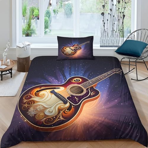 Gitarre Bettwäschegarnitur 3D Gedruckter KI-Design Bettbezug Für Kinder Mädchen Jungen Set Weich Microfaser Kissenbezüge Reissverschluss Single（135x200cm） von PiddLE