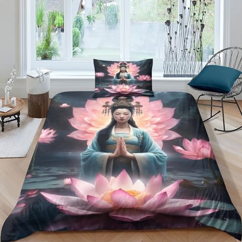 Lotus-Bodhisattva Bettbezug Set Für Kinder Mädchen Jungen 3D Gedruckter Blumenmuster Kissenbezüge Weich Microfaser Single（135x200cm） von PiddLE