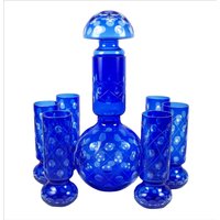 Vintage Dekanter Set 7 Gläser Cobalt Cut To Clear 48 Oz Krug 10 Cocktail von PiecesFromThePast2
