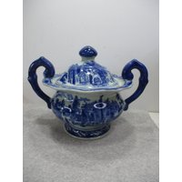Victoria Ware Ironstone Kobalt Blau Terrine Kasserolle W Griffe Deckel Dorf Szene von PiecesOfOld