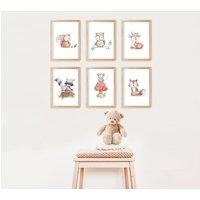 Kinderzimmer Bilder Tiere Set 6 Deko in Din A5 Oder Din A4 Waldtiere Eichhörnchen Eule Reh Waschbär Maus Fuchs Bär von PiepsUndPappe