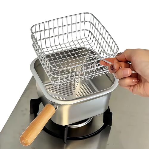 Kleiner Fritteusentopf mit Korb, multifunktionale kleine Töpfe zum Kochen, quadratischer Ramen-Herd aus Edelstahl für 1 bis 2 Personen, funktioniert auf Gasherd oder Induktionsherd, spülmaschinenfest von PilavAloo