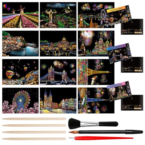 Pilikoll 12Stück Magic Rainbow Kratzpapier A4 Kratzbilder Erwachsene Sehenswürdigkeiten Wandbild mit Kratzwerkzeuge Kit City Series Night Scene Regenbogen-Kratzkunst für Erwachsene Kinder DIY-Handwerk Pilikoll 12Stück Magic Rainbow Kratzpapier A4 Kratzbilder Erwachsene Sehenswürdigkeiten Wandbild mit Kratzwerkzeuge Kit City Series Night Scene Regenbogen-Kratzkunst für Erwachsene Kinder DIY-Handwerk von Pilikoll