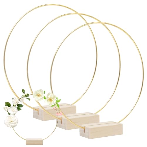 Pilikoll 3 Stück 20cm Gold Blumenkranz Makramee Ringe mit 3 Holzständer Gold Metallringe zum Basteln Makramee Ringe Metall Deko Ringe DIY Floral Hoop mit Holzsockel für DIY Handwerk, Makramee von Pilikoll