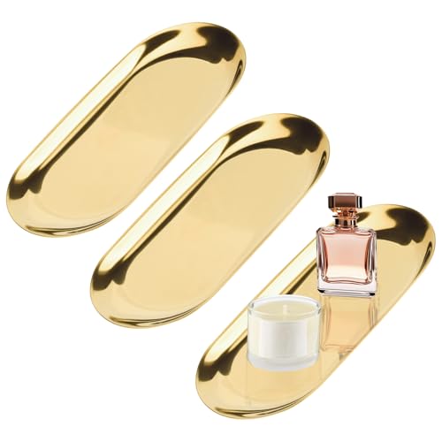Pilikoll 3 Stück Edelstahl Deko Tablett Ovale Schmuck Tablett Golden Metall Servierteller Dekoteller Golden Ovale Dessertschale Gold Serviertablett Servierteller für Tee,Kuchen,Kosmetik(23 * 9.5cm) von Pilikoll
