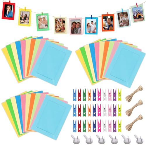 Pilikoll 30 Stück 4x6Inch Farbe Papier Fotorahmen mit Holzklammern und Hanfseil DIY Karton Bilderrahmen Foto Wanddeko Karton Bilderrahmen Bunt Papier Fotorahmen für Home Office Schule Dorm Dekoration von Pilikoll